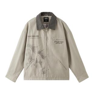 三福2026春季男士马影英文刺绣工装夹克 宽松翻领外套518555
