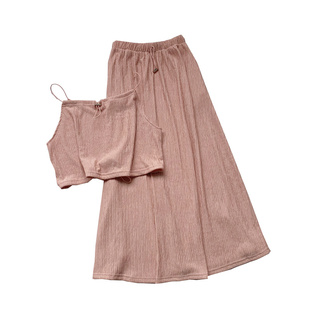 时尚百搭宽松褶皱短款吊带背心+高腰显瘦中长款a字半身裙两件套