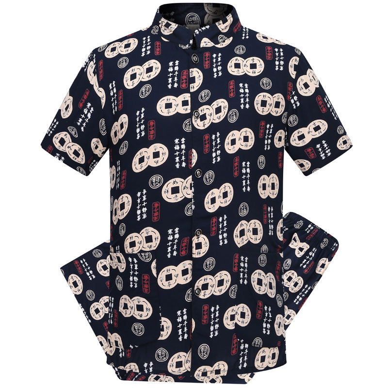 中老年夏季长袖棉绸套装男爸爸薄款老人衣服两件套60-70-80岁爷爷