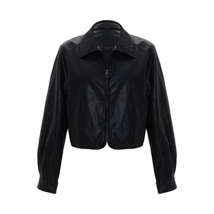 IAmMIX27黑色PU皮外套女春季新款简约牛仔拼接翻领休闲短款上衣女