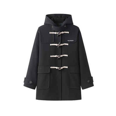 东京岁时记秋冬黑色连帽毛呢大衣