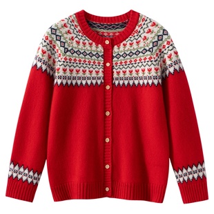 儿童100纯山羊绒费尔岛开衫男女童毛线衣圆领针织衫秋冬毛衣外套