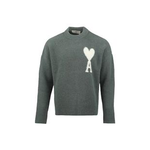 【自营】AMI白色爱心刺绣宽松圆领套头针织衫云朵毛衣男女同款