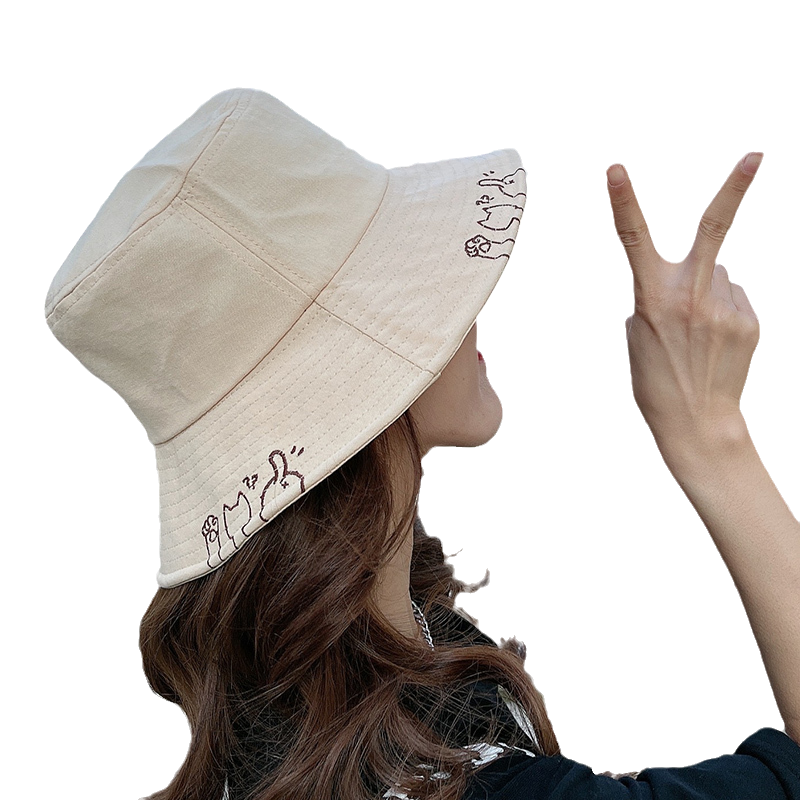 猫咪刺绣渔夫帽女夏季韩版百搭日系甜美可爱盆帽遮阳防晒薄款透气