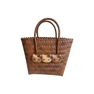 黑皮KT猫包包~超能装！仿竹藤编织手提包便携式草编包小包便当包