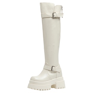 10CM内增高过膝长靴女秋冬加绒真皮厚底长筒靴复古显瘦粗跟骑士靴