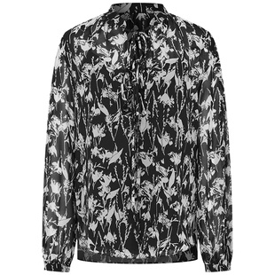 曼德诗法式雪纺衫2026春季新款时尚黑白印花设计气质中式立领小衫