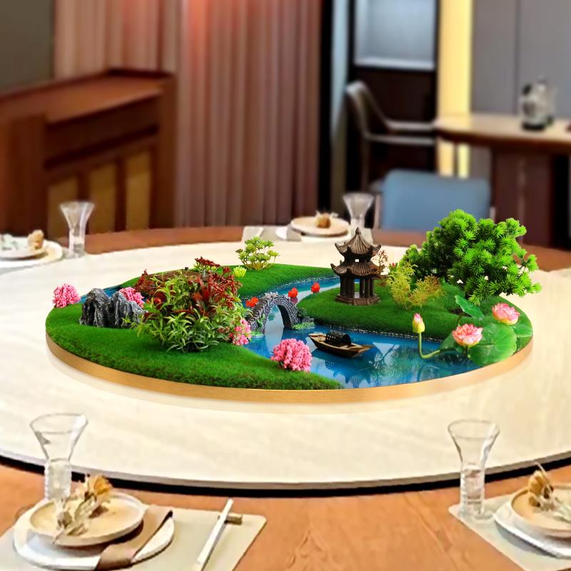 酒店餐桌装饰品摆件饭店电动摆花艺假中间花花仿真圆桌转盘景观大