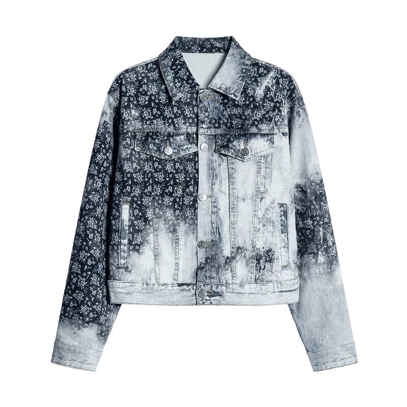Desigual26秋冬新品白蓝晕染水洗做旧碎花印花牛仔夹克女式外套