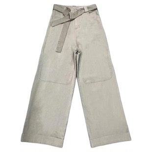 李李服饰加绒灰绿色飘带阔腿牛仔裤女2025冬季高腰显瘦垂感拖地裤