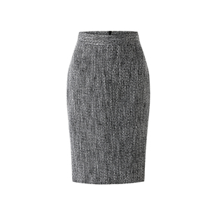 VER TOW花纱灰小香风粗花呢及膝半身裙 春季轻奢高腰包臀西装裙