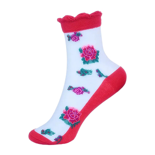 工厂直销水晶玻璃丝10双女士中筒袜花卉印花防臭吸汗荷叶边中腰袜