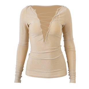 PynkiSwear 金色V领长袖修身T恤女金属丝弹力细闪上衣秋系带可调