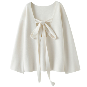 启超“纯白恋歌加厚”100%纯山羊绒衫女纯羊绒毛衣飘带露背针织衫