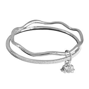 【大王小京】满天星波浪双环手镯足银999.9铃兰花吊坠实心银镯子