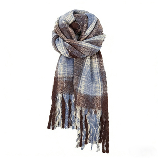 蓝咖色围巾女冬季韩系氛围感毛绒围脖护颈保暖披肩高级感2025新款