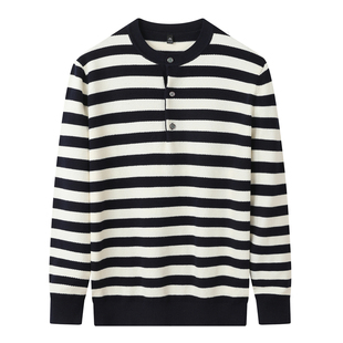 优雅老钱绅士 12针亨利领硬汉风 条纹纯棉毛衣男士休闲撞色打底衫