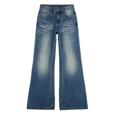 复古蓝水洗微喇不贴腿拖地牛仔裤