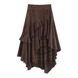 AZure法式复古麂皮绒半身裙蕾丝拼接不规则A字裙高腰百搭拼接长裙