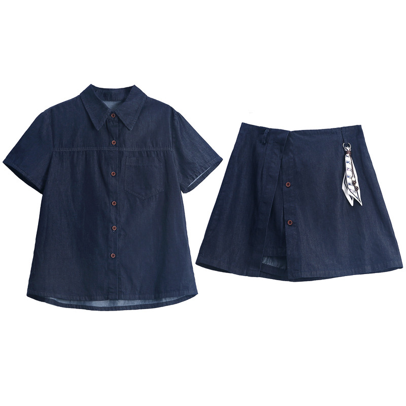 夏季POLO领牛仔衬衫短裤裙两件套