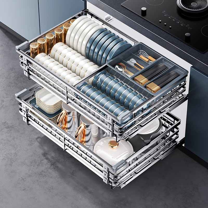 拉篮厨房橱柜304不锈钢双层抽屉式碗柜碗碟收纳碟架碗篮