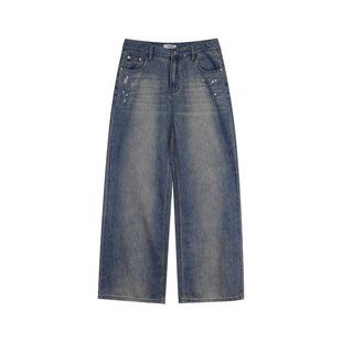 Hualun夏季直筒渐变牛仔裤男蓝色长裤男款直筒阔腿裤子高街拖地裤