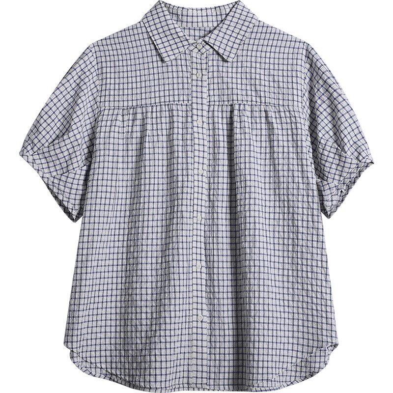 日系简约文艺短袖格子衬衫女夏季衬衫