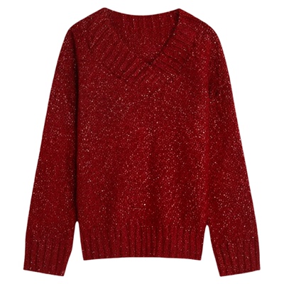 圣诞红色毛衣慵懒v领羊毛针织衫