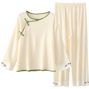 春夏秋薄款纯棉泡泡棉纱布套头新中式盘扣古风长袖家居服睡衣套女