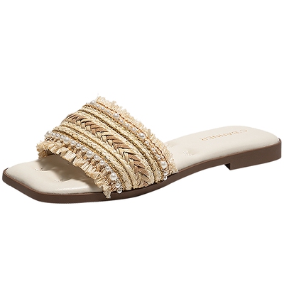 千百度草编织一字拖女2026夏季新款平底外穿度假一脚蹬露趾凉拖鞋