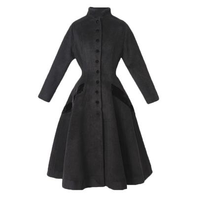 欧洲站优雅收腰黑色毛呢羊绒大衣