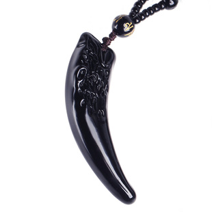 复古黑曜石狼牙霸气吊坠男士真项链潮牌男士复古潮韩版情侣饰品