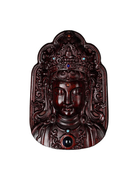 紫檀一叶观音雕刻镶嵌投影石佛牌