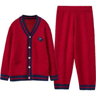 红豆红情侣珊瑚绒睡衣女结婚家居服套装红色半边绒新年本命年男士