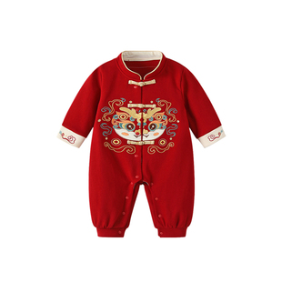 婴儿衣服秋冬春装连体衣男宝宝红色喜庆满月百天抓周生日周岁服女