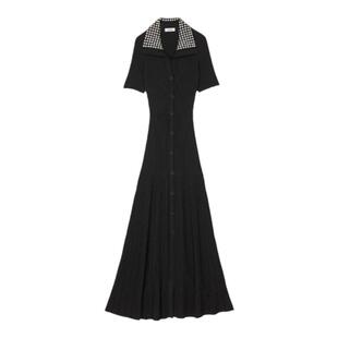 SANDRO2025秋冬女装优雅黑色仿珠饰大翻领竖排扣短袖针织连衣裙