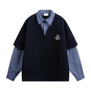 阿于呆日系复古拼接假两件卫衣男学院风情侣格子衬衫领百搭上衣女