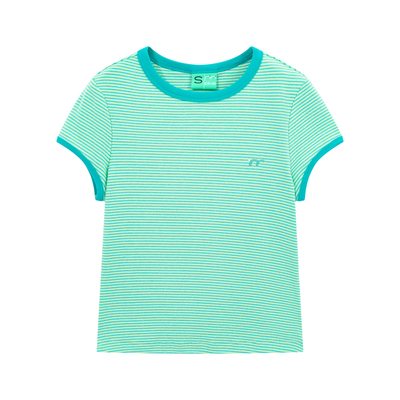 riverstone plus多巴胺色系撞色条纹刺绣短袖T恤女修身百搭打底衫