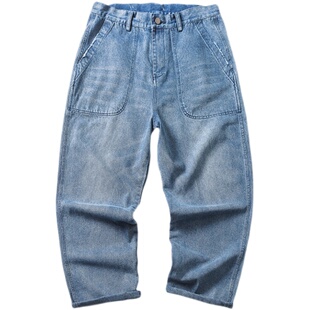 Aywter潮牌春秋宽松ins直筒牛仔裤日系男女百搭水洗蓝阔腿工装裤