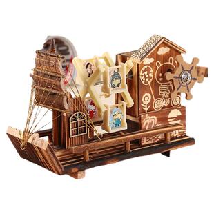 创意旋转风车木质帆船笔筒音乐盒发条八音盒儿童生日教师节礼品