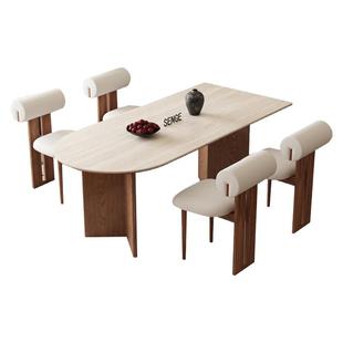 德利丰岩板洞石法式餐桌家用小户型轻奢奶油半圆长方形实木餐桌子