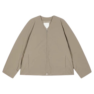 现货  日系简约无领羽绒服女宽松V领复古飞行夹克90白鸭绒