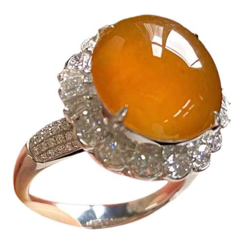 天然缅甸老坑a货翡翠冰种蜜糖黄玉髓大蛋面满天星超闪925银戒指女