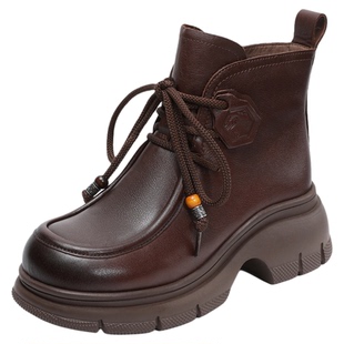 头层牛皮小鞋匠手工真皮2025秋冬新款厚底增高靴子圆头马丁靴女