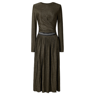 亮丝中袖收腰显瘦百褶连衣裙长裙