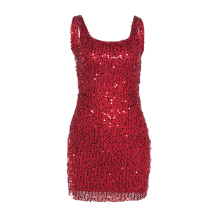 怪诞女孩 圣诞战袍重工闪闪亮片吊带连衣裙女 名媛性感修身包臀裙