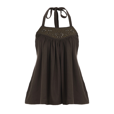 WEEKEEP 小众复古棕色Y2K烫钻系带挂脖吊带背心辣妹性感露背上衣