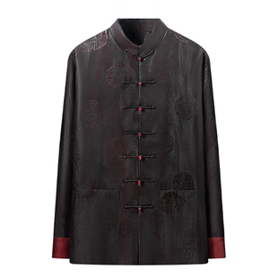 高端重磅香云纱唐装男连袖真丝桑蚕丝中式男装汉服中老年爷爷外套