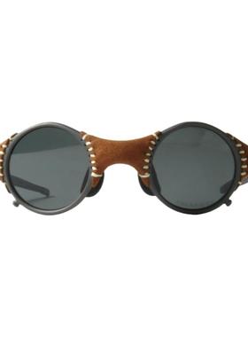 翻毛皮拼接锌合金偏光圆框墨镜