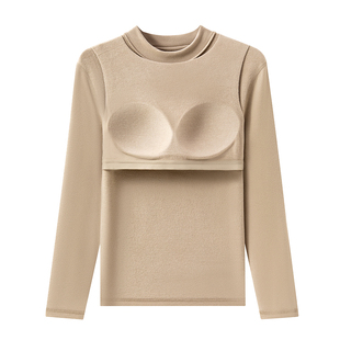 双面德绒加绒加厚发热可外穿带胸垫一体中领保暖内衣打底衫上衣女